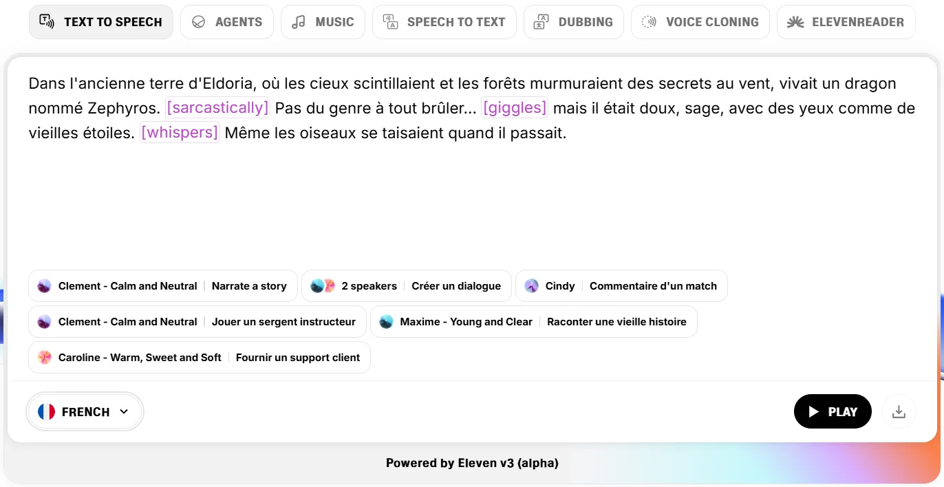 Interface de création vocale et sélection de modèle dans ElevenLabs