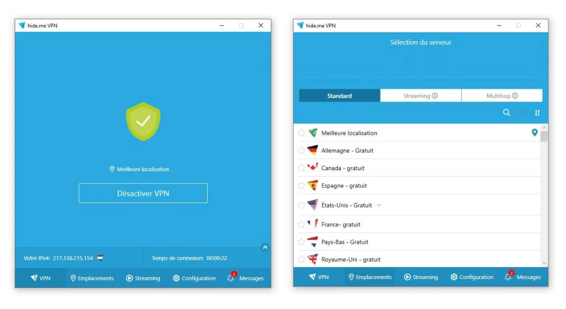 Interface Windows et liste de serveurs de Hide.me VPN