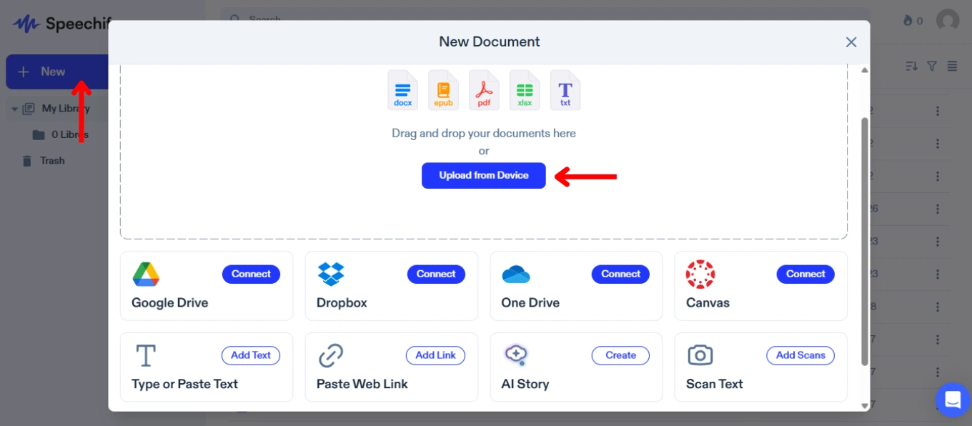 Interface d’importation d’un document dans Speechify