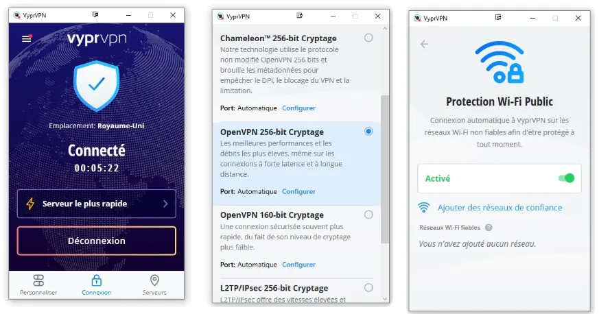 Interface et liste de serveurs de l’application VyprVPN