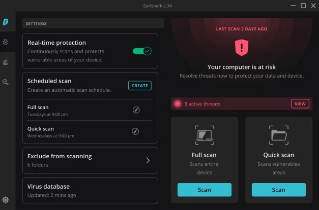 Interface de Surfshark Antivirus incluse dans les plans One