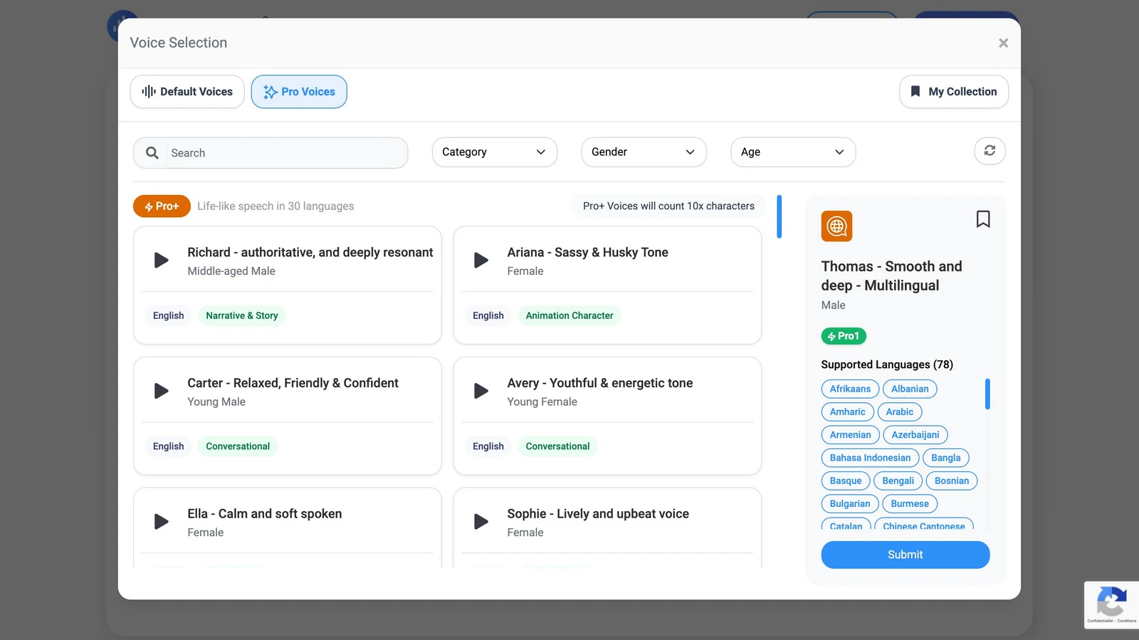 Choix des langues et des voix dans Voicemaker
