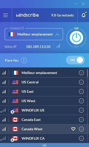 Interface complète et liste de serveurs de Windscribe