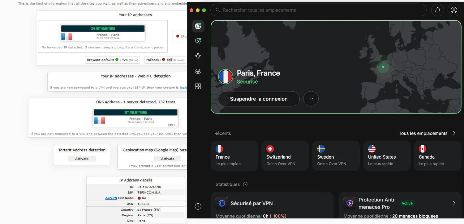 Exemple de contrôle des adresses DNS avec un VPN
