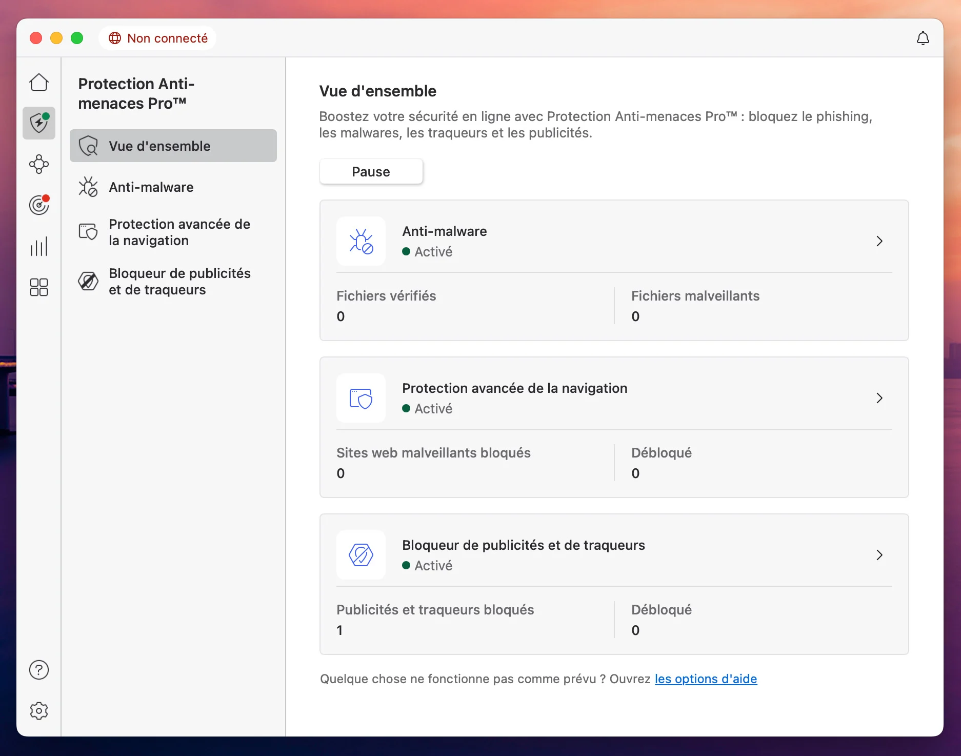 Interface des fonctions de protection NordVPN