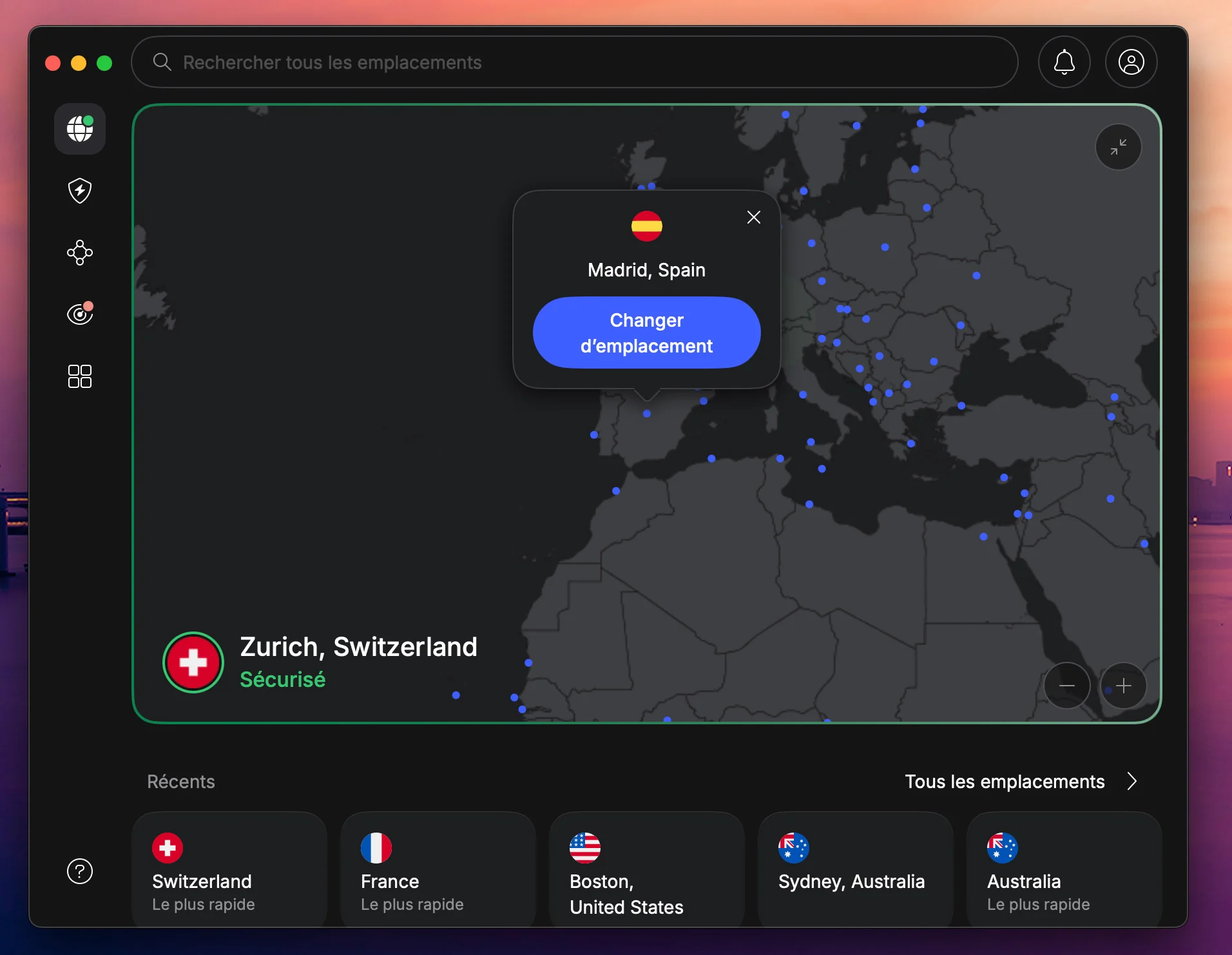 NordVPN : sélection géographique sur ordinateur