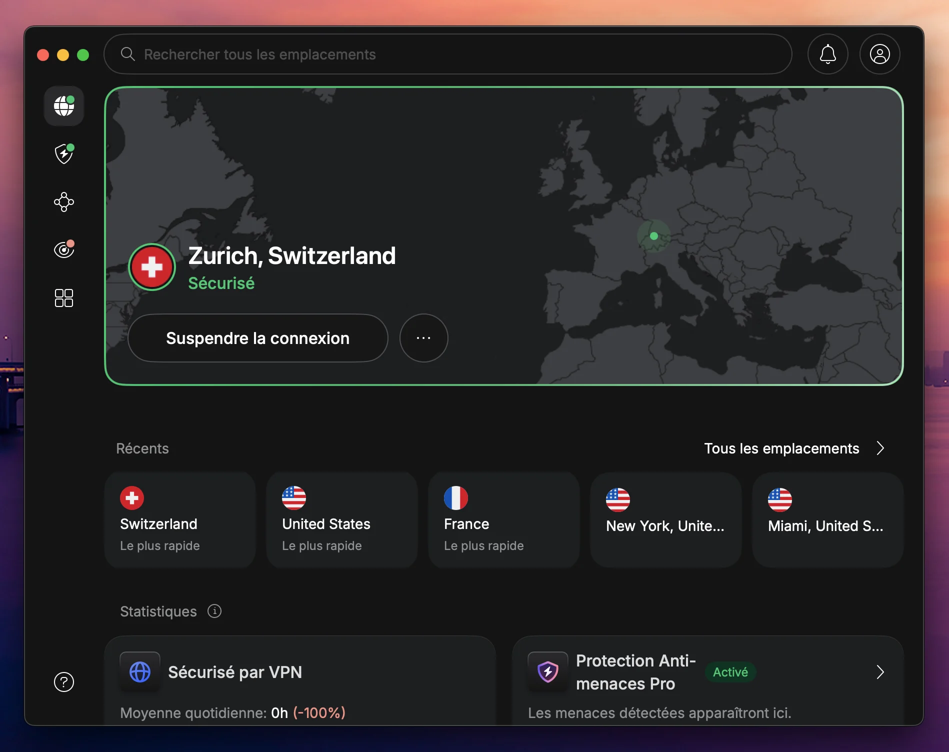 Vue de NordVPN et de la sélection des serveurs