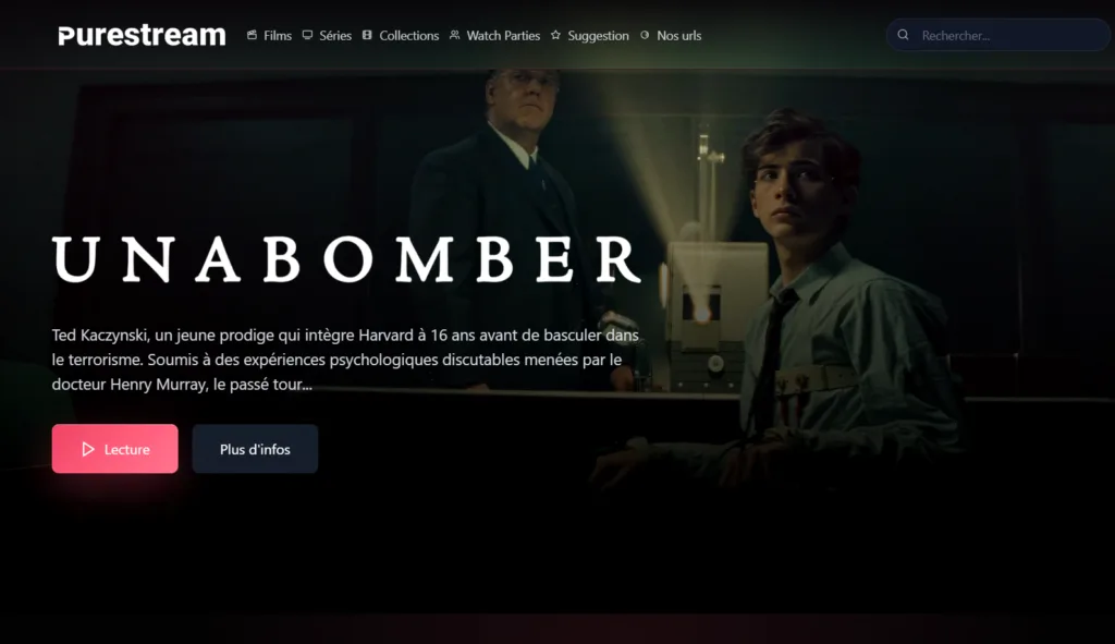 Interface Purestream avec films, séries et collections affichés en 2026