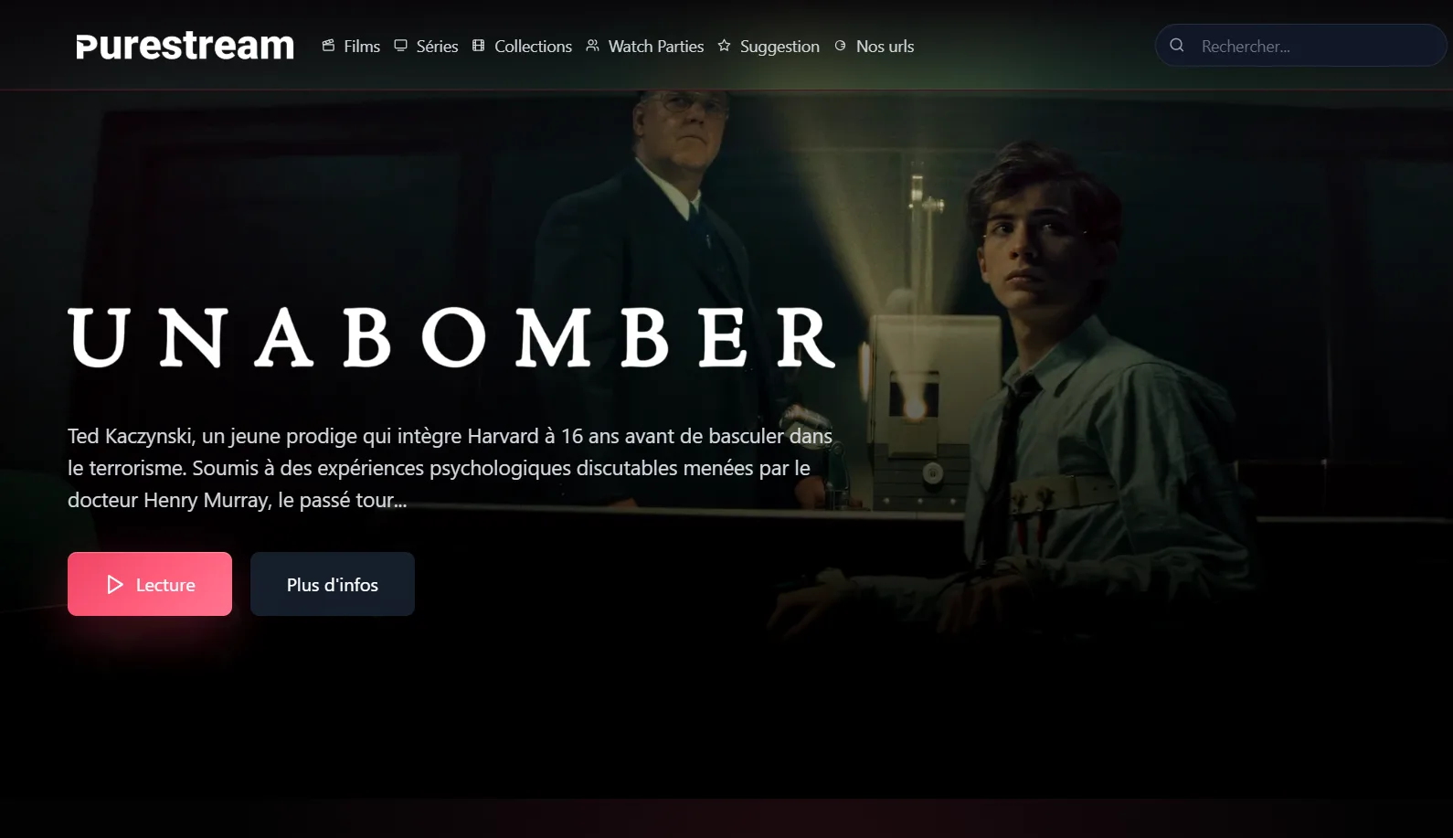 Interface Purestream avec films, séries et collections affichés en 2026