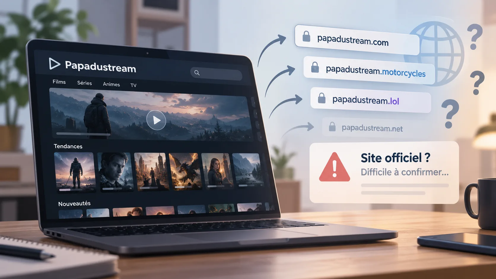 Illustration de faux lecteurs vidéo et d'alertes de phishing associés aux copies de sites Papadustream